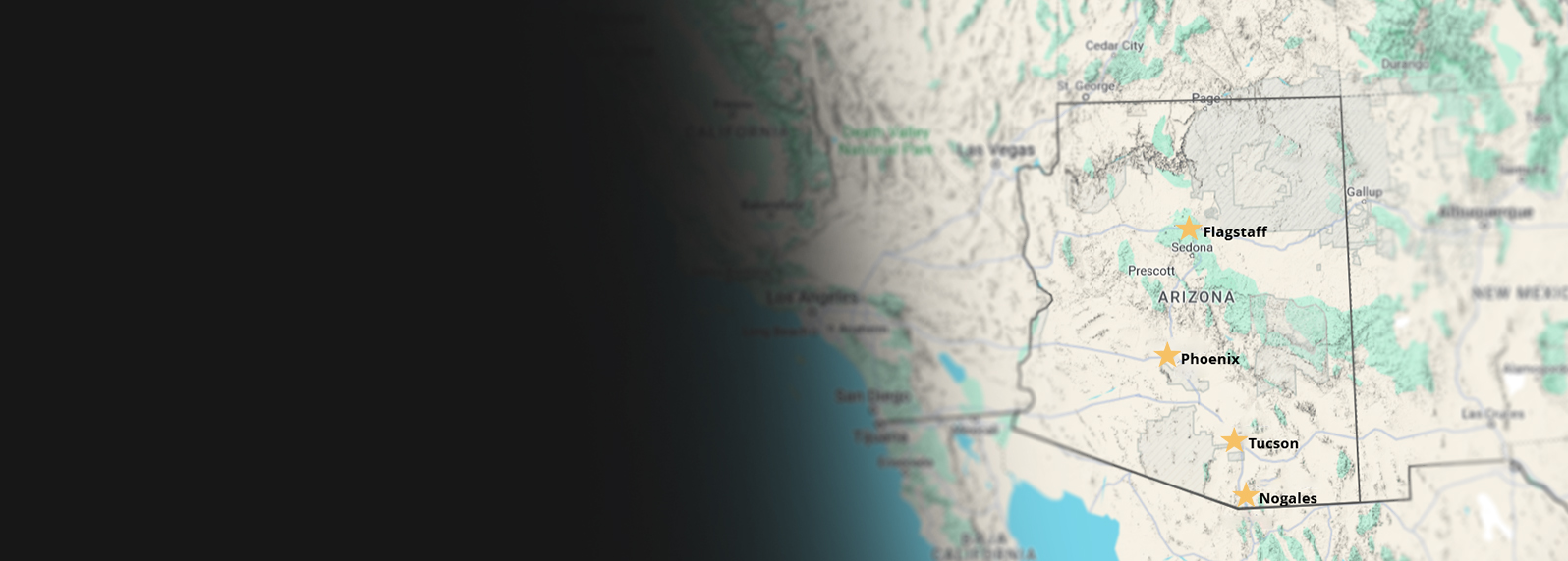 Map of Arizona showing Inter-State Investigative Services coverage in Flagstaff, Phoenix, Tucson, and Nogales